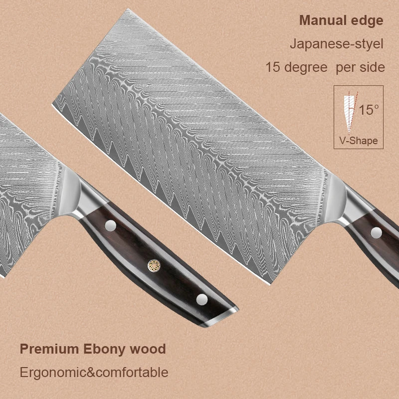 Masahira Damascus Cleaver Knife — 67-Layer, Ebony Handle (7.5 in)