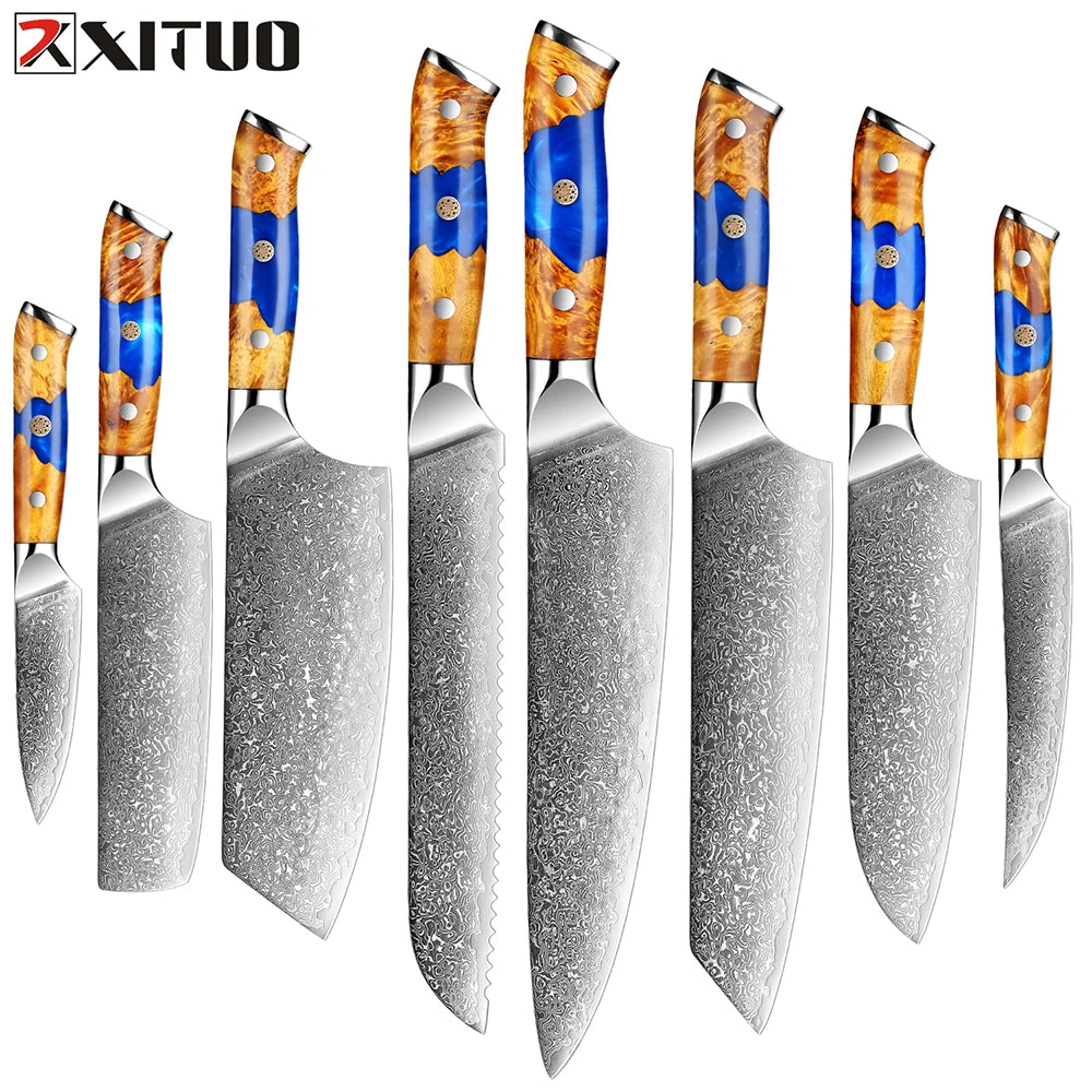 Masahira Ruri Knife Set — VG10 67-Layer Blue Resin Damascus