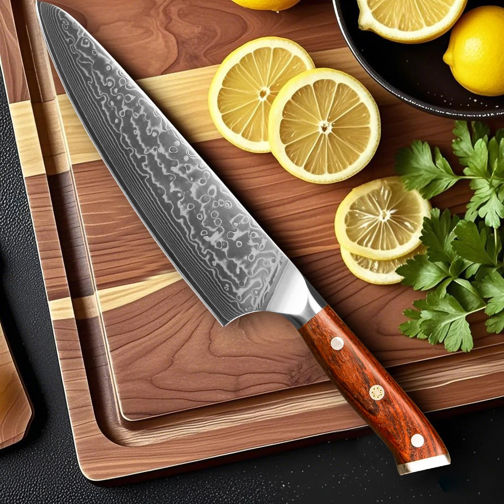 Masahira Damascus Santoku Knife — Rosewood Handle (8 in)
