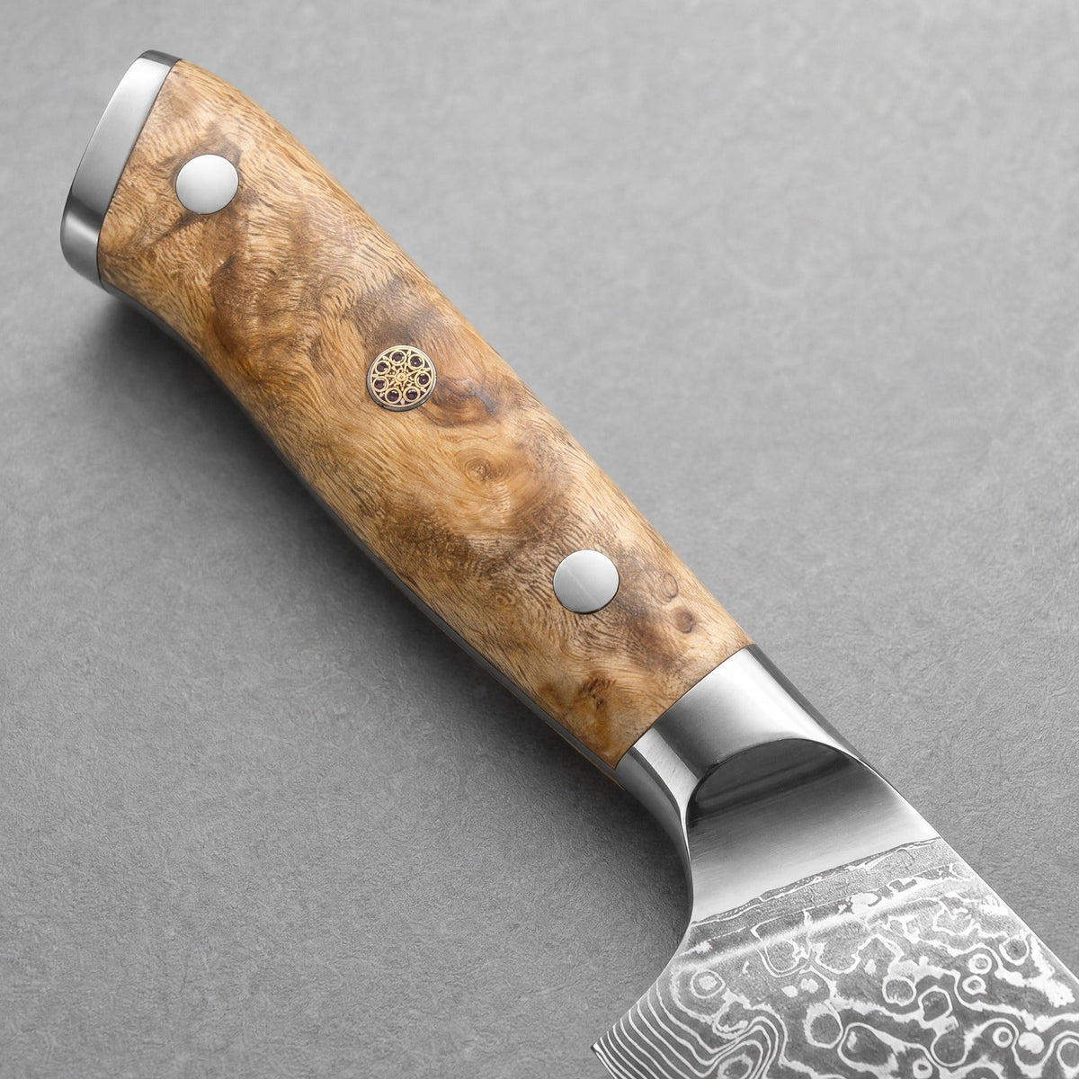 Masahira Damascus Santoku Knife — 10Cr15CoMov Core, Sycamore Handle (7.1 in)