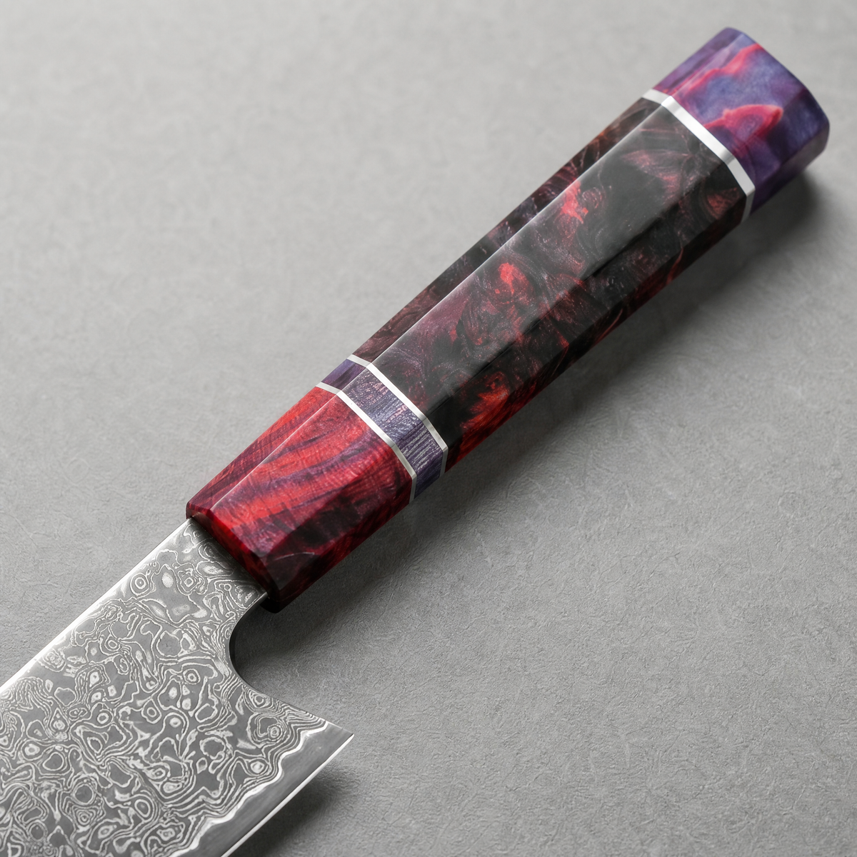 Masahira Damascus Kiritsuke Knife — High-Carbon Core, Stabilized Wood Handle