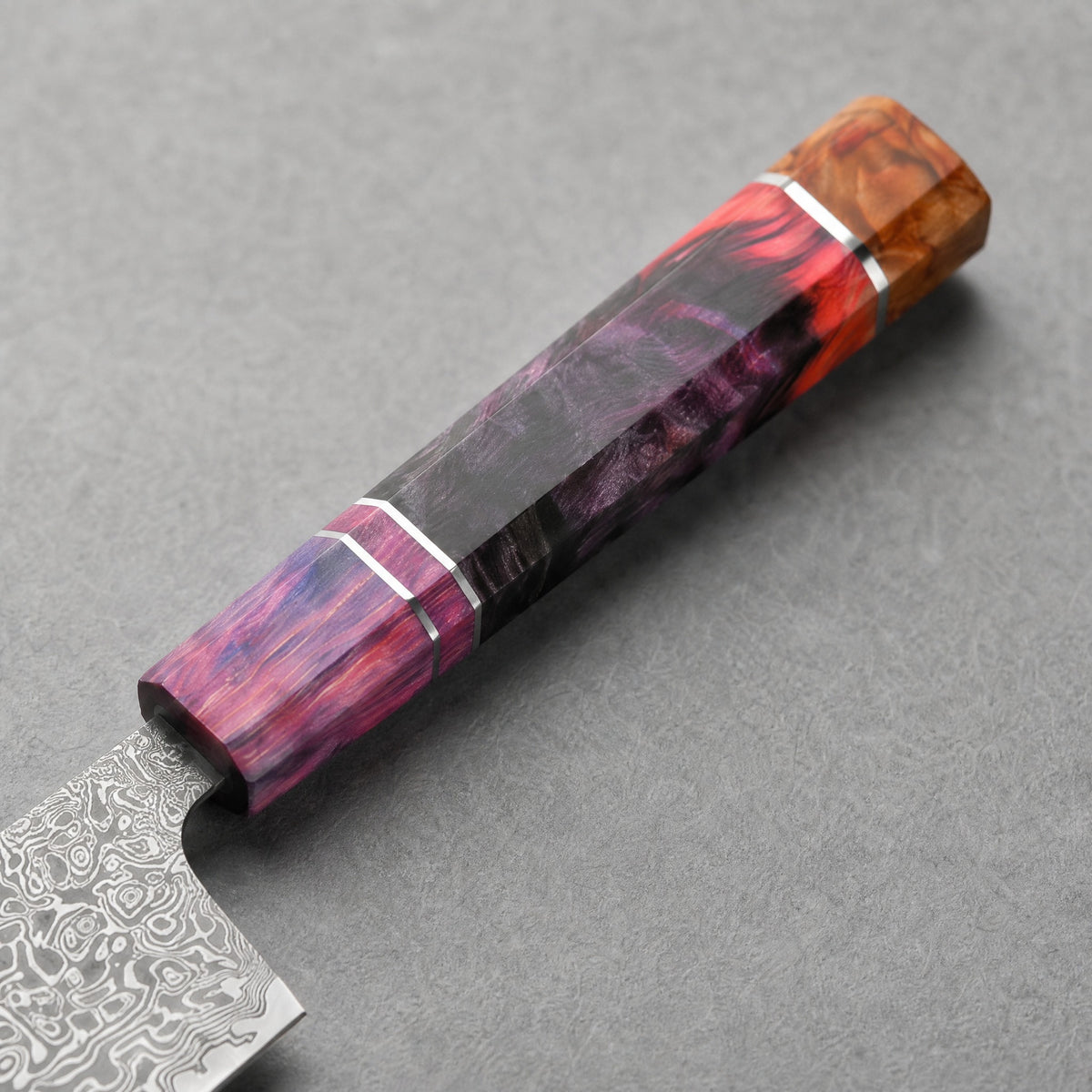 Masahira Damascus Nakiri Vegetable Knife — High-Carbon Core, Stabilized Wood Handle
