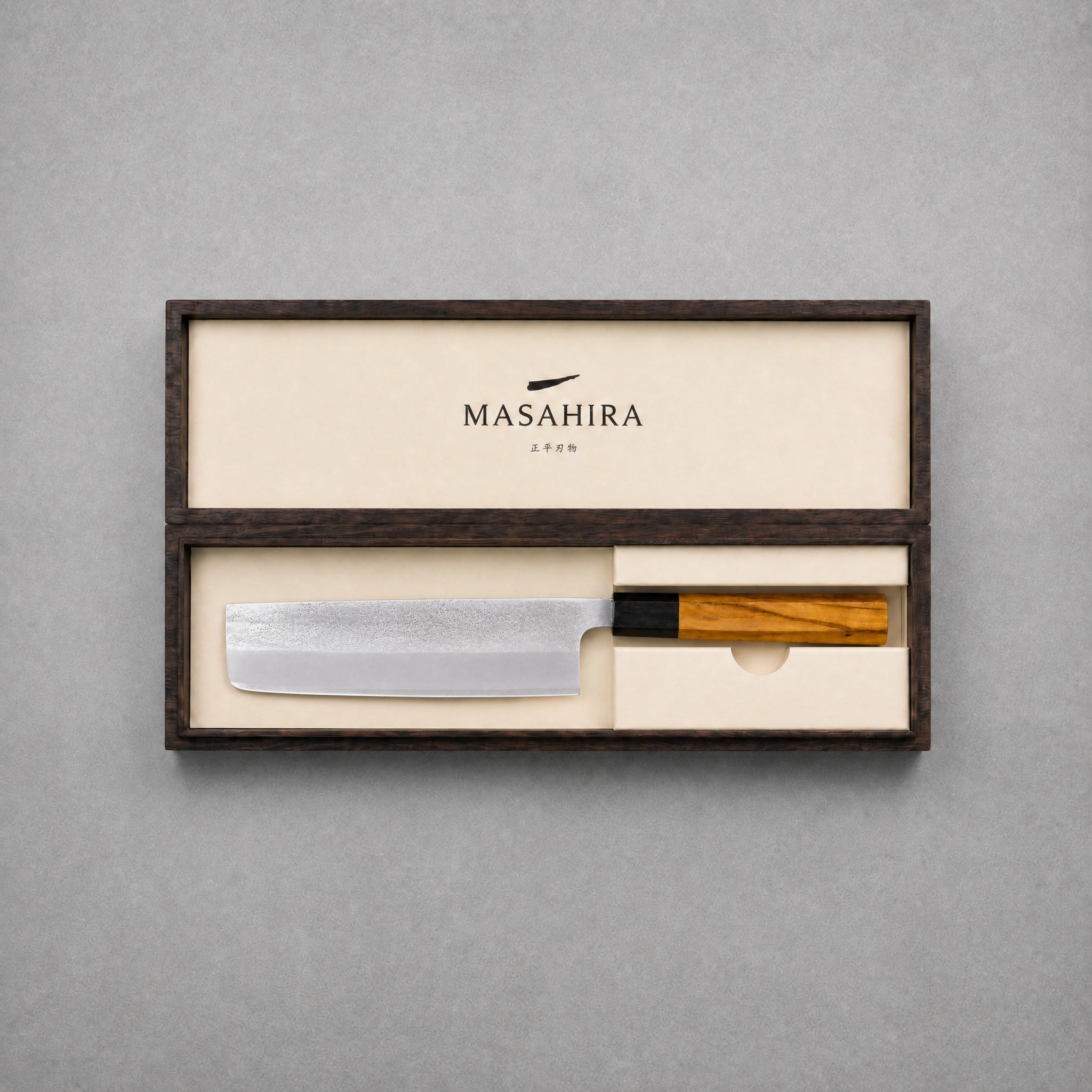 Masahira Nakiri Vegetable Knife — Silver Steel No.3, Olive Wood Handle (6.3 in)