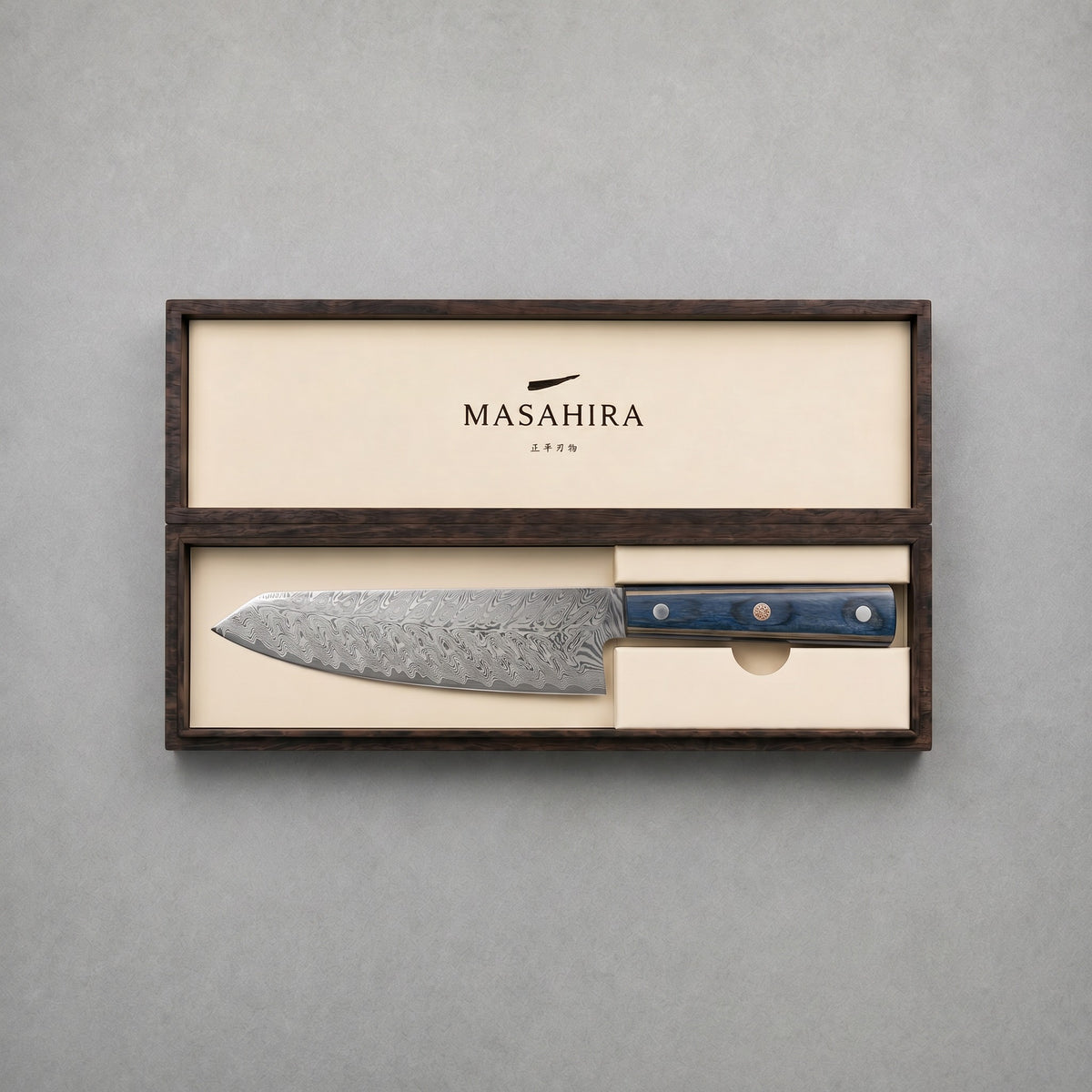 Masahira Damascus-Pattern Chef Knife — Blue Handle (8 in)