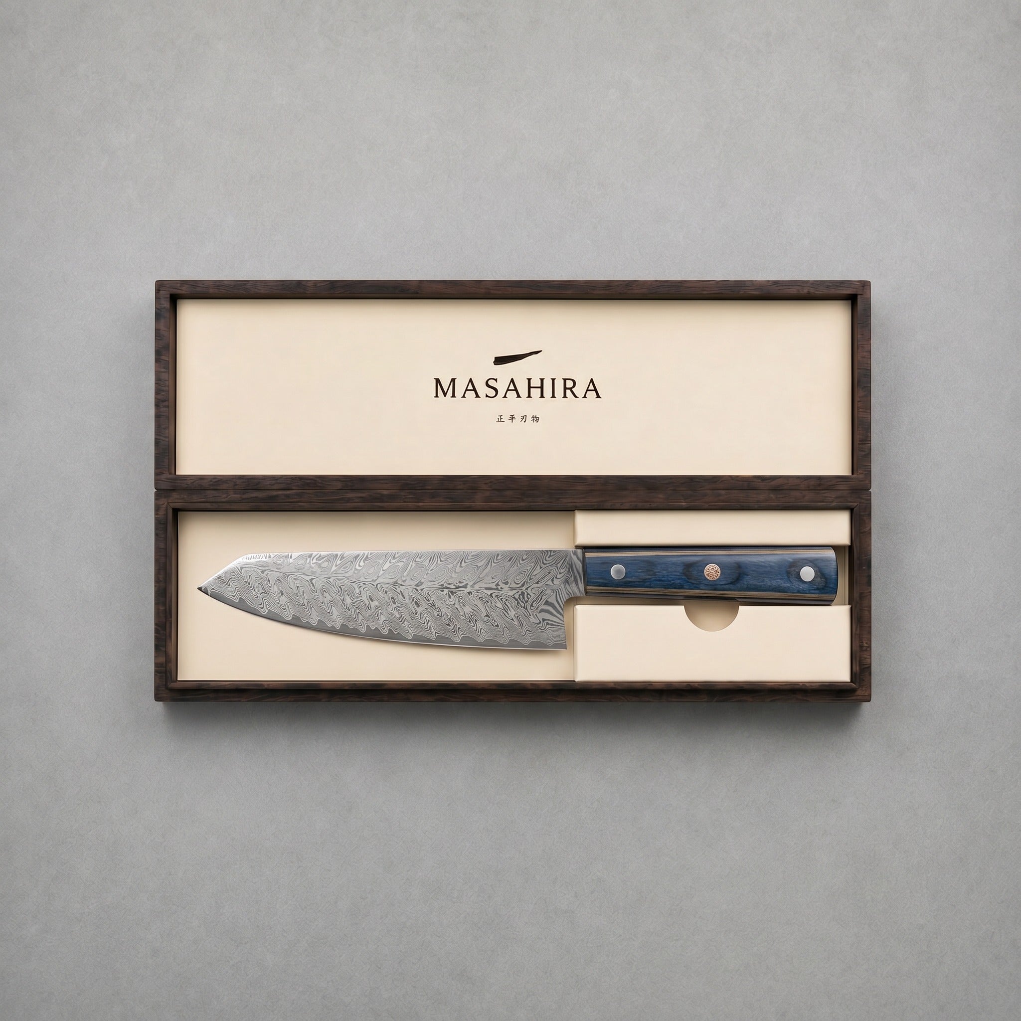 Masahira Damascus-Pattern Chef Knife — Blue Handle (8 in)