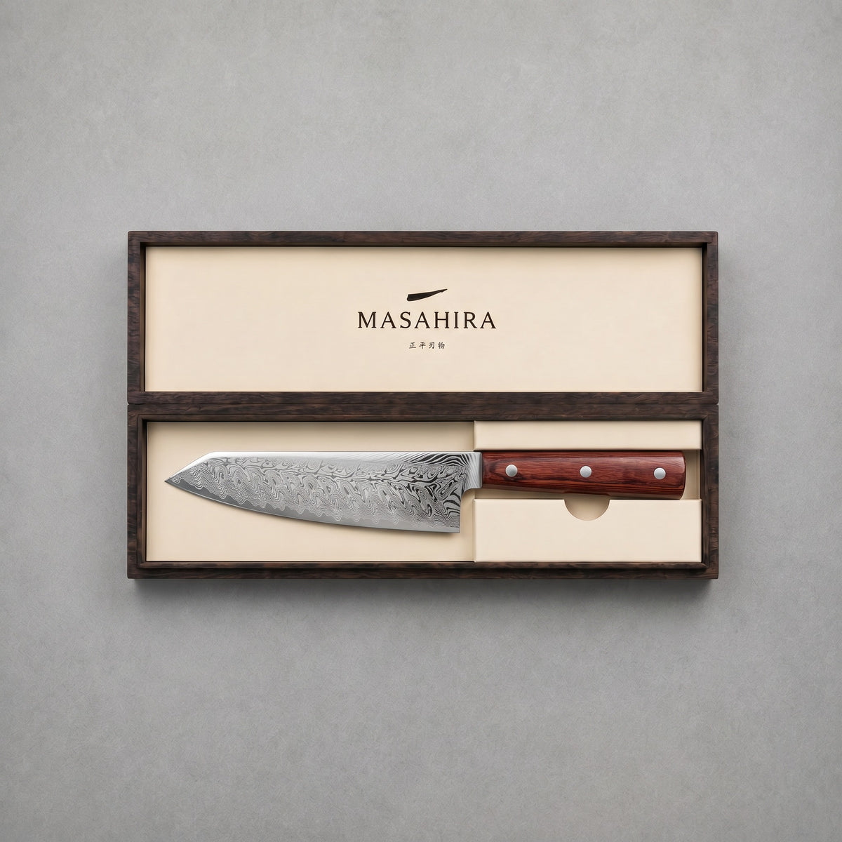 Masahira Damascus-Pattern Chef Knife — Red Handle (8 in)