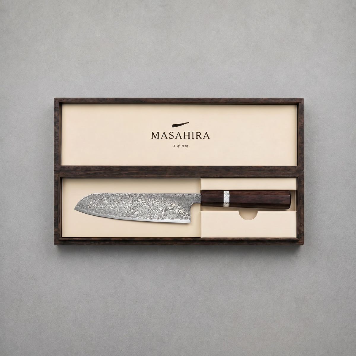 Masahira Damascus Santoku Chef Knife — Handmade, Wooden Handle (7 in)