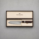 Masahira Damascus Santoku Chef Knife — Handmade, Wooden Handle (7 in)