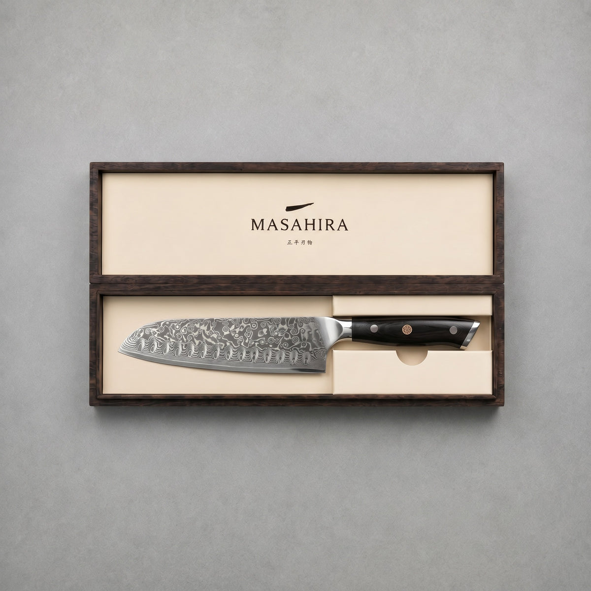 Masahira Santoku Knife — 67-Layer Damascus, High-Carbon Core (7 in)
