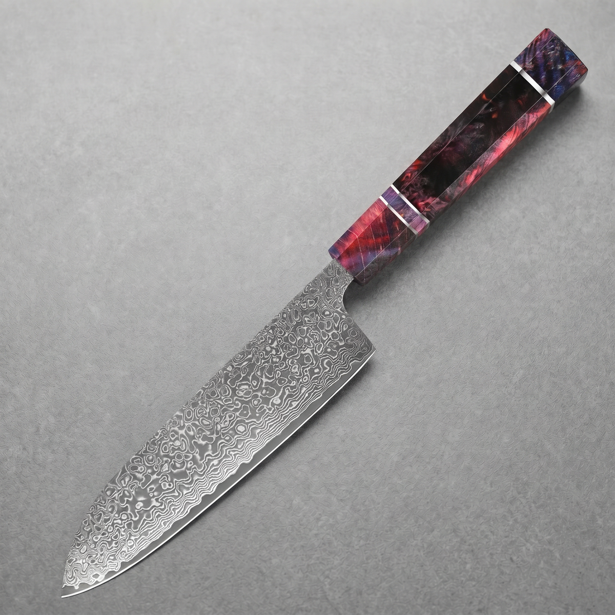 Masahira Damascus Santoku Knife — High-Carbon Core, Stabilized Wood Handle