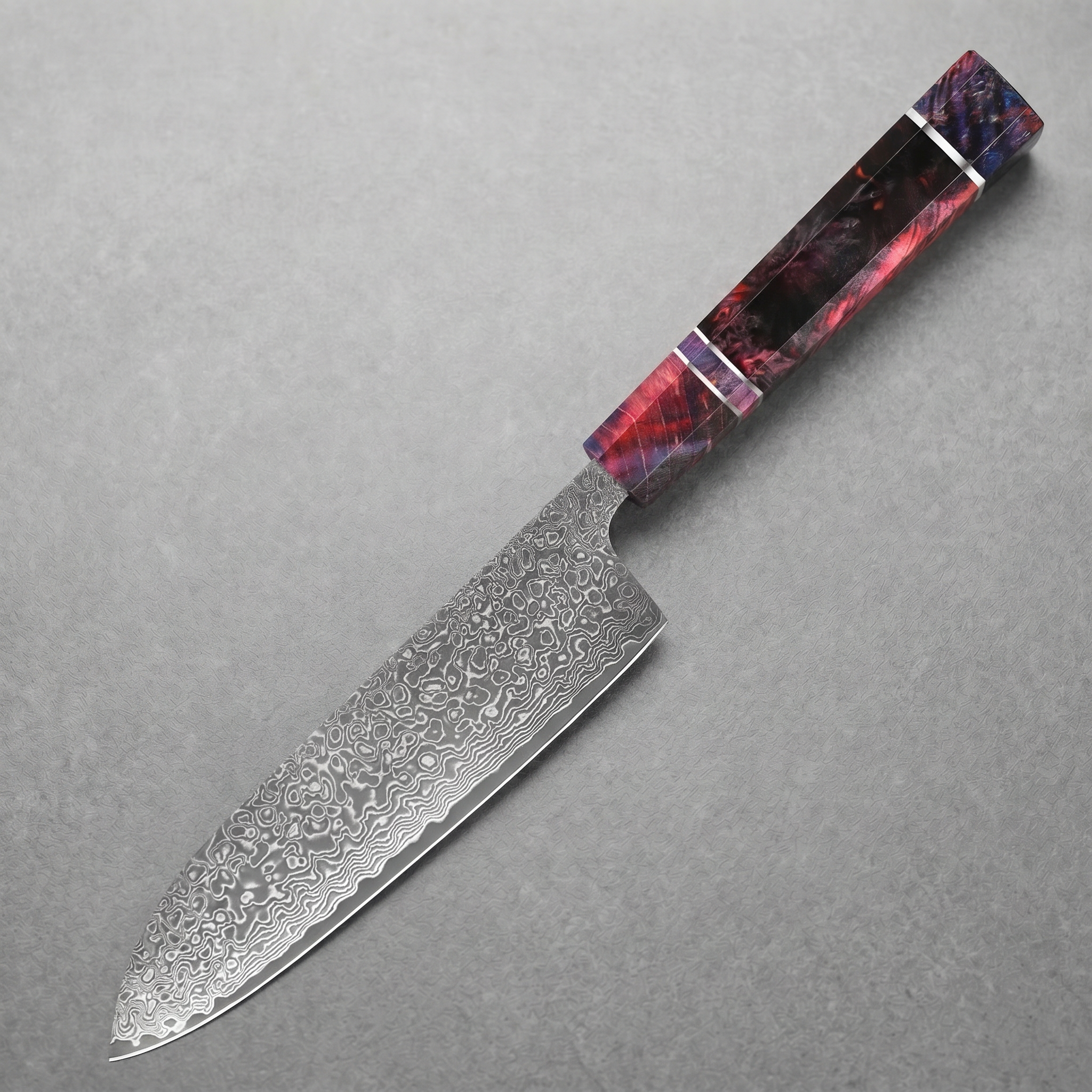 Masahira Damascus Santoku Knife — High-Carbon Core, Stabilized Wood Handle