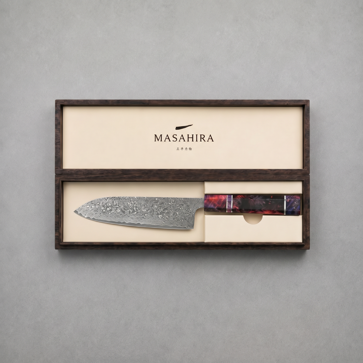 Masahira Damascus Santoku Knife — High-Carbon Core, Stabilized Wood Handle