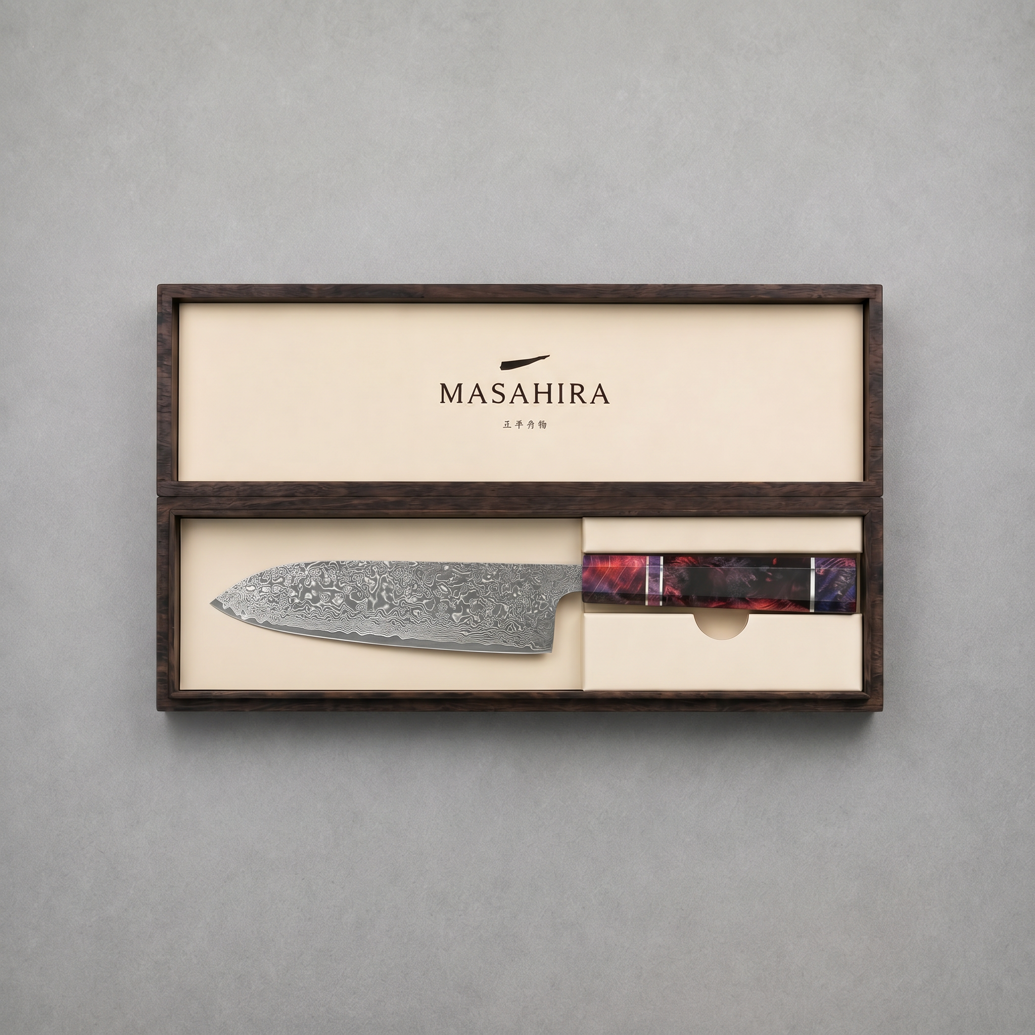 Masahira Damascus Santoku Knife — High-Carbon Core, Stabilized Wood Handle