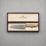 Masahira Damascus Santoku Knife — 10Cr15CoMov Core, Sycamore Handle (7.1 in)