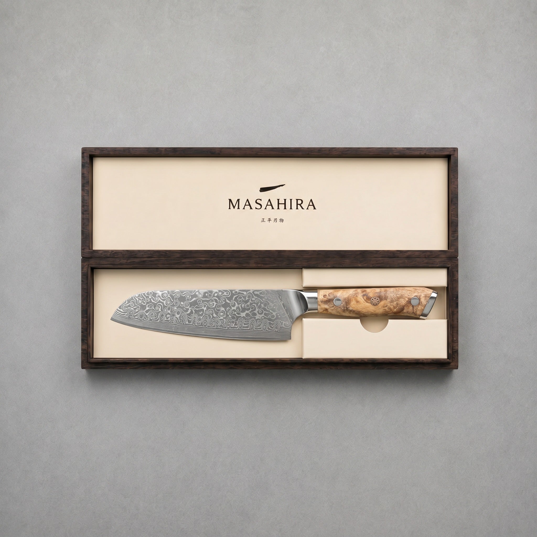 Masahira Damascus Santoku Knife — 10Cr15CoMov Core, Sycamore Handle (7.1 in)