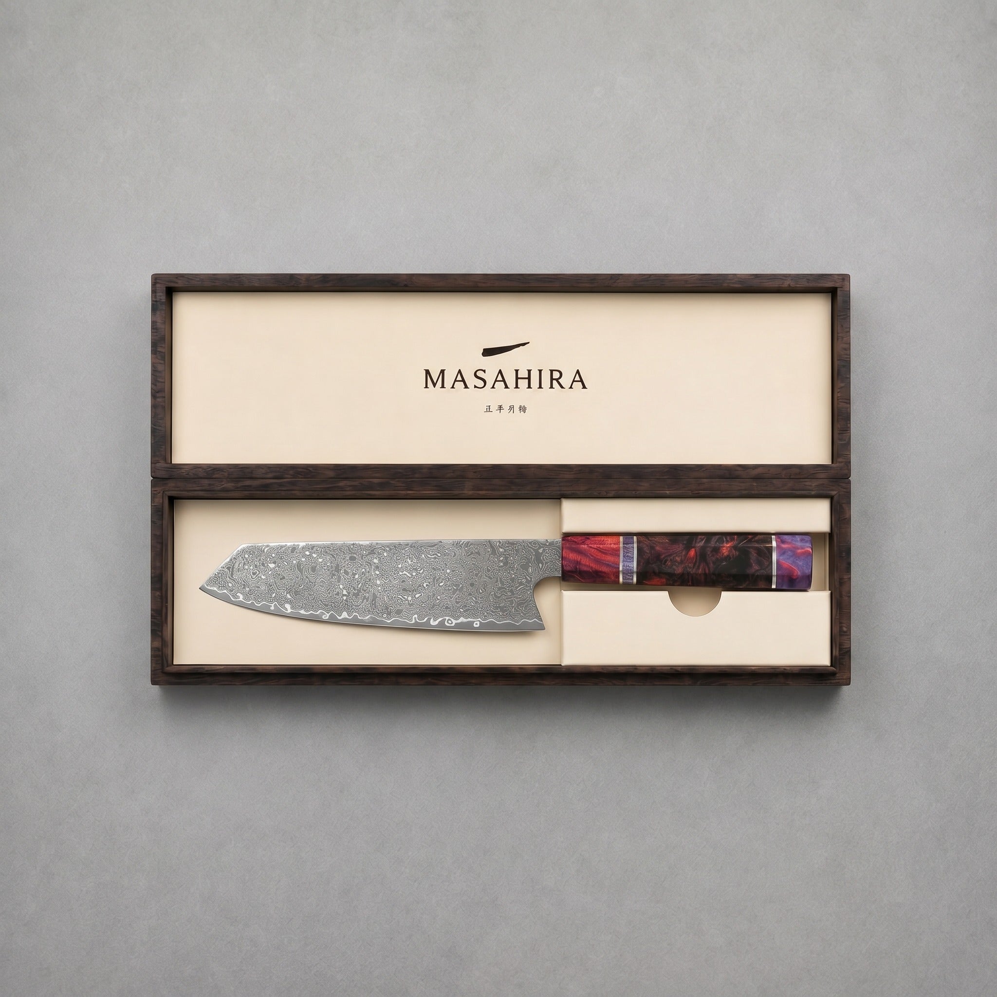 Masahira Damascus Kiritsuke Knife — High-Carbon Core, Stabilized Wood Handle