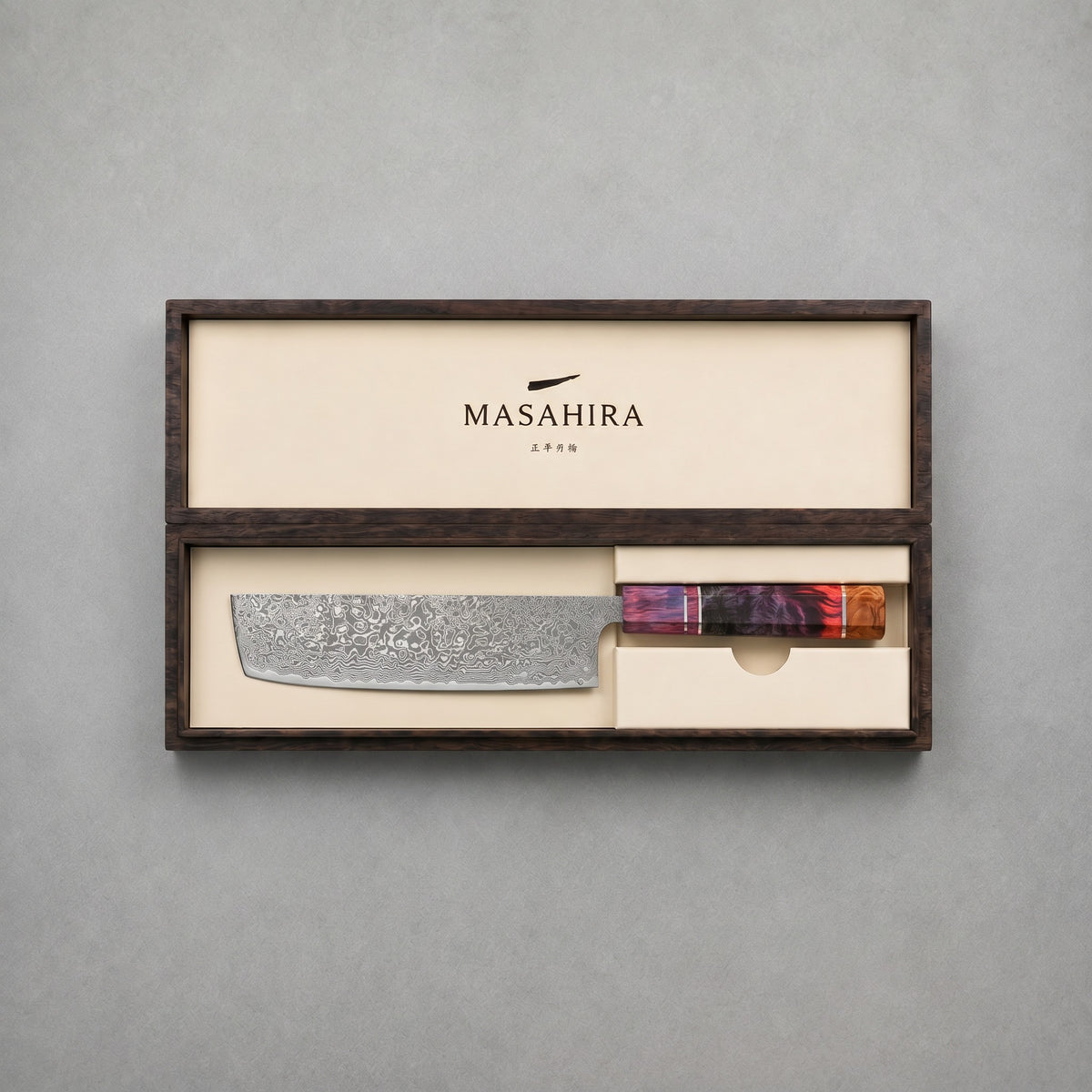 Masahira Damascus Nakiri Vegetable Knife — High-Carbon Core, Stabilized Wood Handle