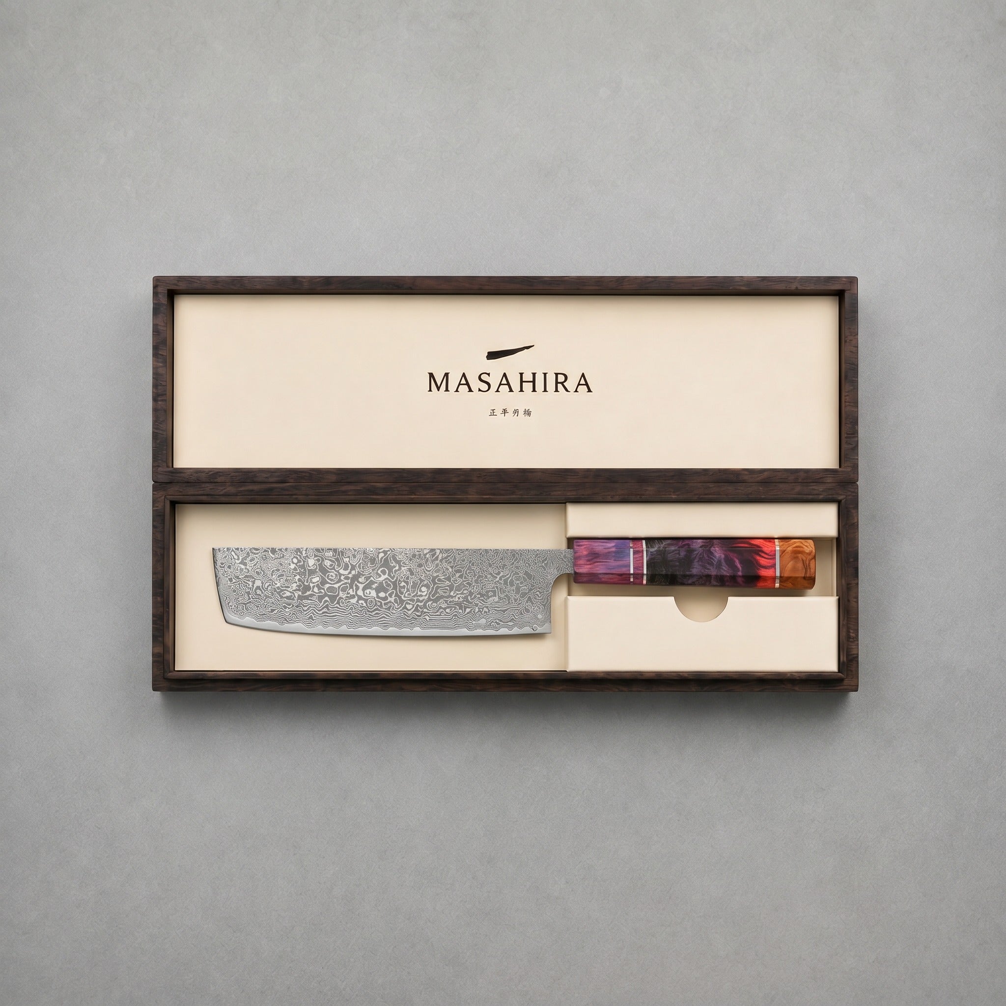Masahira Damascus Nakiri Vegetable Knife — High-Carbon Core, Stabilized Wood Handle