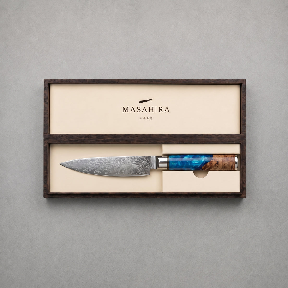 Masahira Blue Resin Damascus Utility Knife