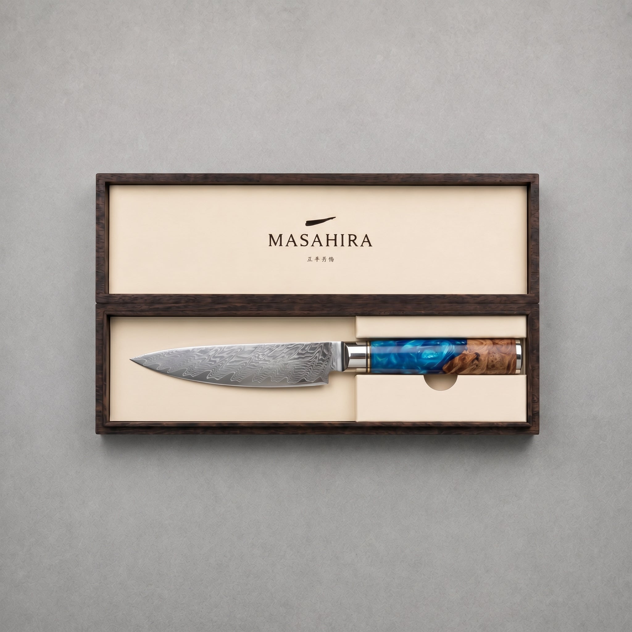 Masahira Blue Resin Damascus Utility Knife
